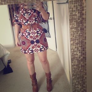 Boho print 3/4 sleeves dress with embroidery.